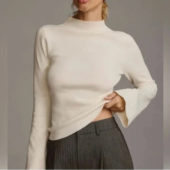 Anthropologie Sweaters - Anthropologie - Maeve Ivory Mock Neck Arlowe Bell Sleeve Ribbed Sweater Size M